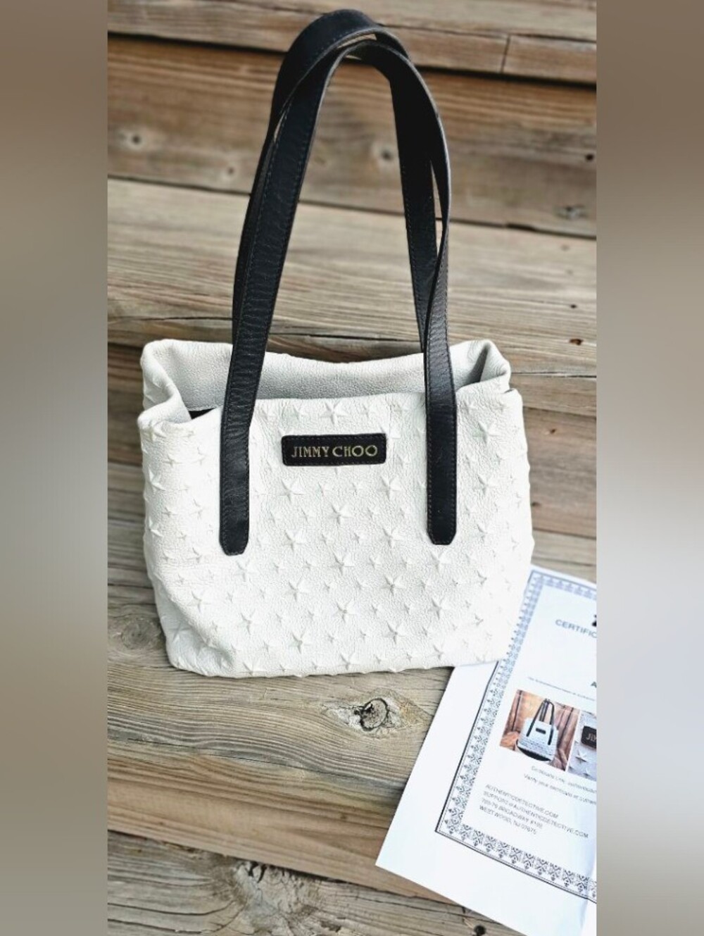 Jimmy Choo Sofia Leather White Star-Embossed Shoulder Tote with Black Handles